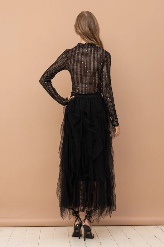 Metallic Star Stripe Mesh Mock Neck Top Black-TOP-Blue B-S-Urbanheer