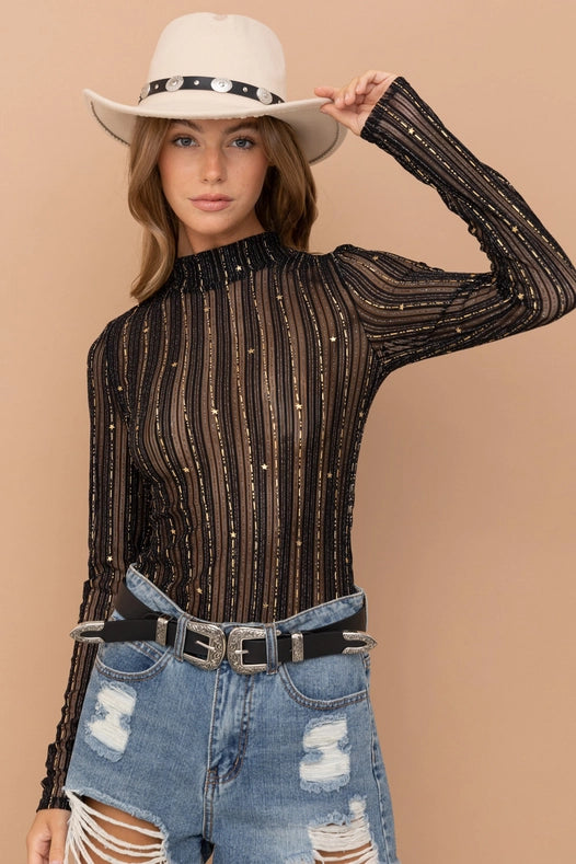 Metallic Star Stripe Mesh Mock Neck Top Black-TOP-Blue B-S-Urbanheer