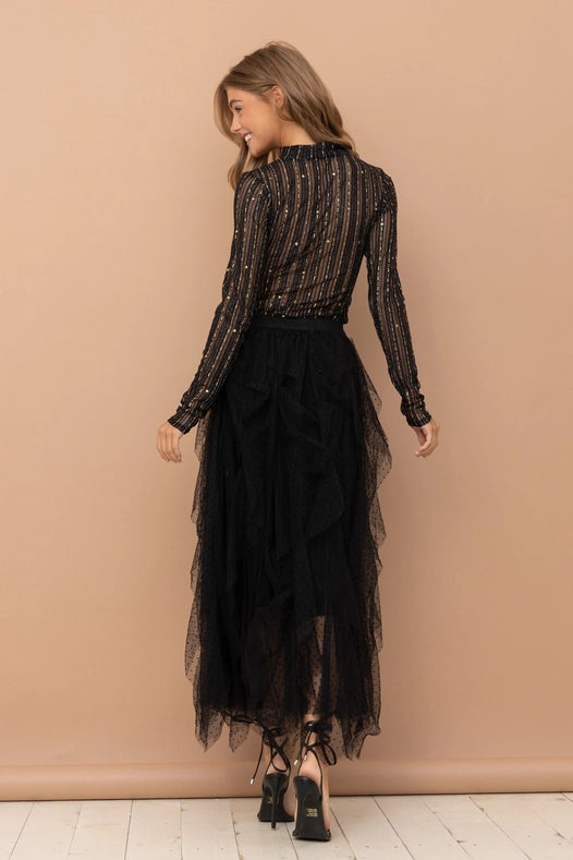 Metallic Star Stripe Mesh Mock Neck Top Black-TOP-Blue B-S-Urbanheer