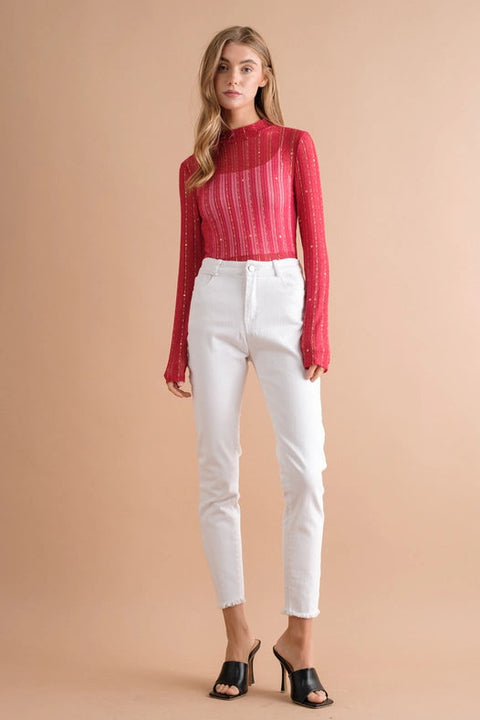 Metallic Star Stripe Mesh Mock Neck Top Red-TOP-Blue B-S-Urbanheer