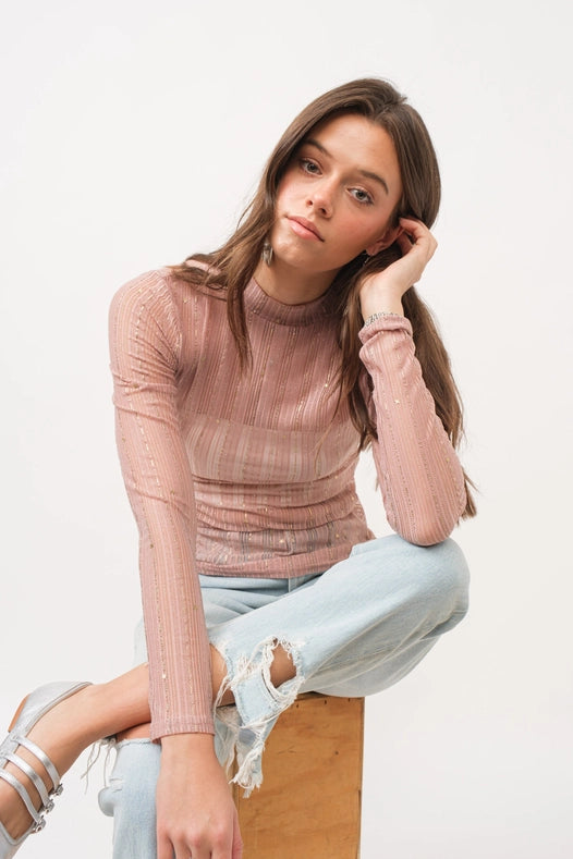 Metallic Star Stripe Mesh Mock Neck Top Rose Gold Pink-TOP-Blue B-S-Urbanheer