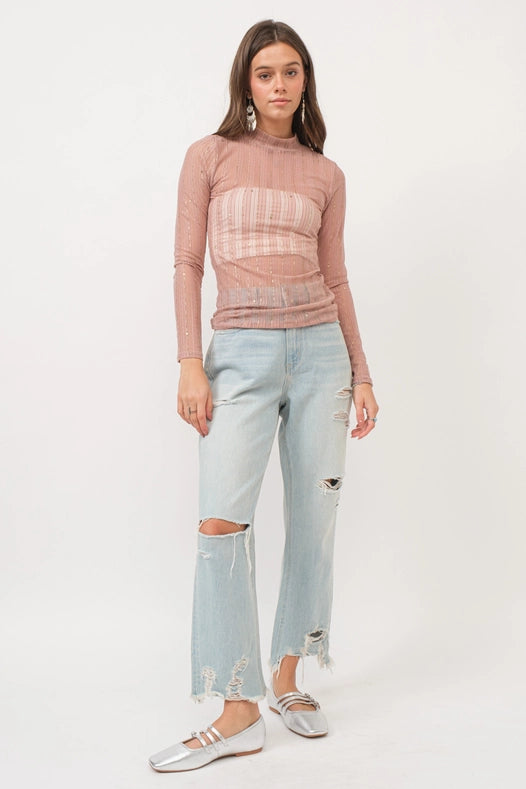 Metallic Star Stripe Mesh Mock Neck Top Rose Gold Pink-TOP-Blue B-S-Urbanheer