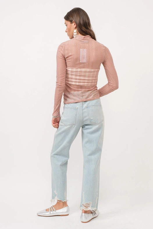 Metallic Star Stripe Mesh Mock Neck Top Rose Gold Pink-TOP-Blue B-S-Urbanheer