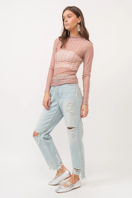 Metallic Star Stripe Mesh Mock Neck Top Rose Gold Pink-TOP-Blue B-S-Urbanheer