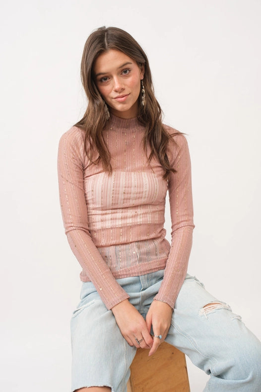 Metallic Star Stripe Mesh Mock Neck Top Rose Gold Pink-TOP-Blue B-S-Urbanheer