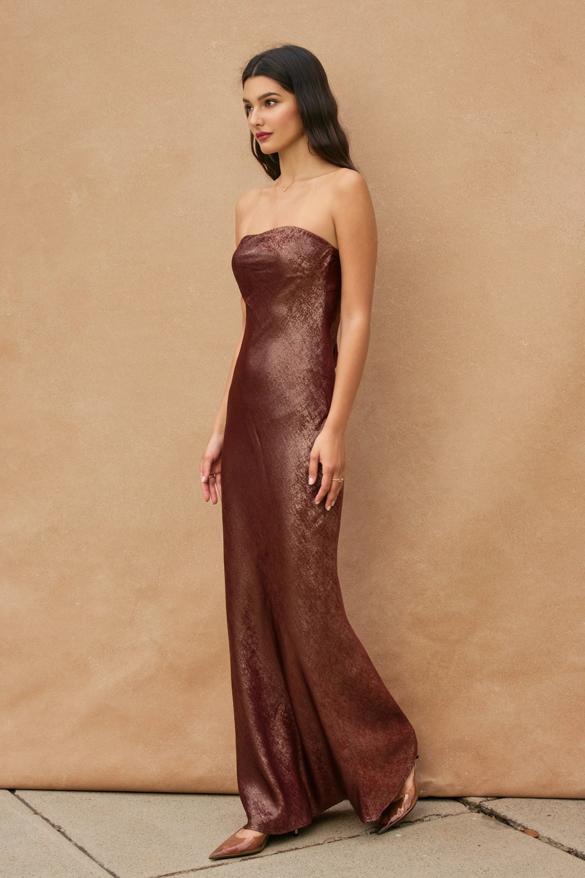 Metallic Strapless Draped Back Maxi Dress