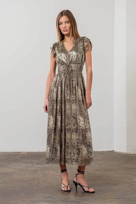 Metallic V Neck Front Tie Midi Dress-Dress-Moon River-XS-BLACK GOLD-Urbanheer