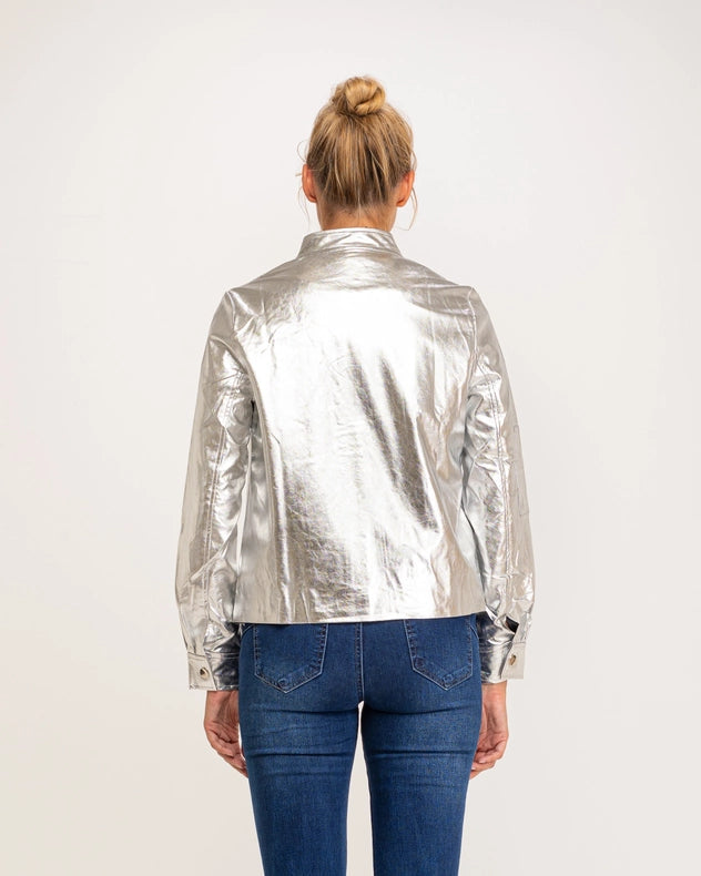 Metallic Faux Leather Bomber Jacket With Zipper-Jacket-Tantra-S-Urbanheer