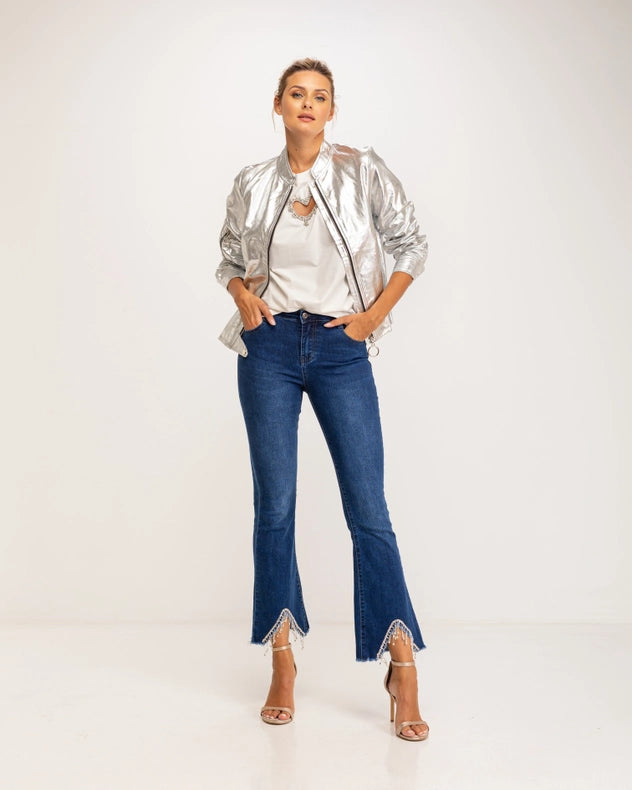 Metallic Faux Leather Bomber Jacket With Zipper-Jacket-Tantra-S-Urbanheer