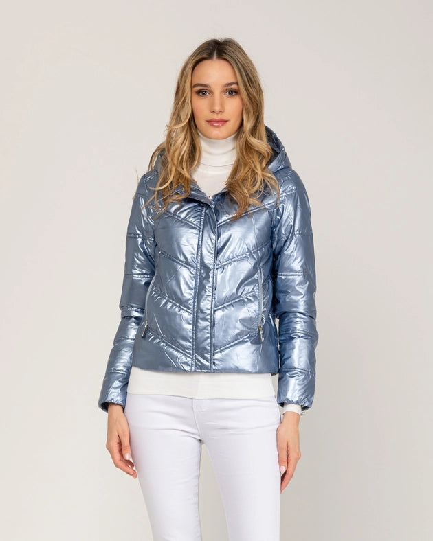 Metallic padded short anorack with hood, zip and buttons-Anorack-Tantra-S-BLUE-Urbanheer