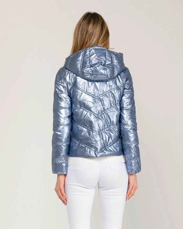 Metallic padded short anorack with hood, zip and buttons-Anorack-Tantra-S-BLUE-Urbanheer