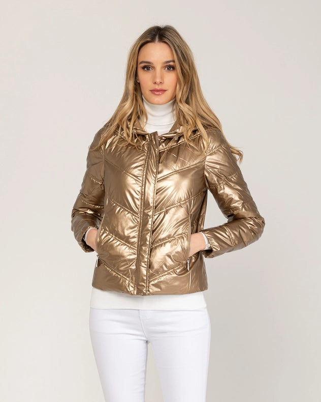 Metallic Padded Short Anorack With Hood, Zip And Buttons Gold-Anorak-Tantra-S-Urbanheer