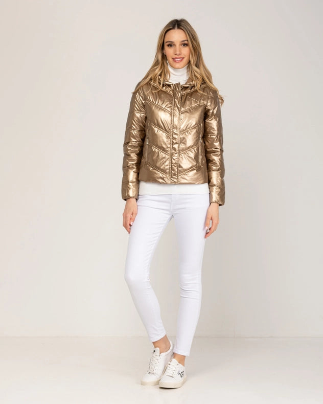 Metallic Padded Short Anorack With Hood, Zip And Buttons Gold-Anorak-Tantra-S-Urbanheer