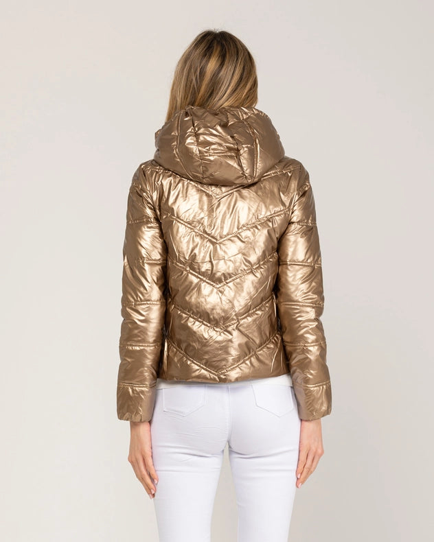 Metallic Padded Short Anorack With Hood, Zip And Buttons Gold-Anorak-Tantra-S-Urbanheer
