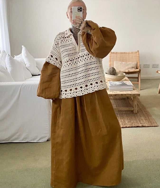 Mia Hand Crochet Organic Cotton Top Ecru-TOP-Leap Concept-S-Brown-Urbanheer