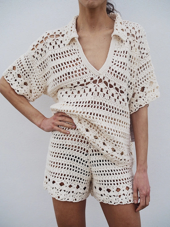 Mia Hand Crochet Organic Cotton Top Ecru-TOP-Leap Concept-S-Brown-Urbanheer