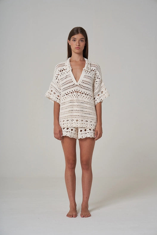 Mia Hand Crochet Organic Cotton Top Ecru-TOP-Leap Concept-S-Brown-Urbanheer