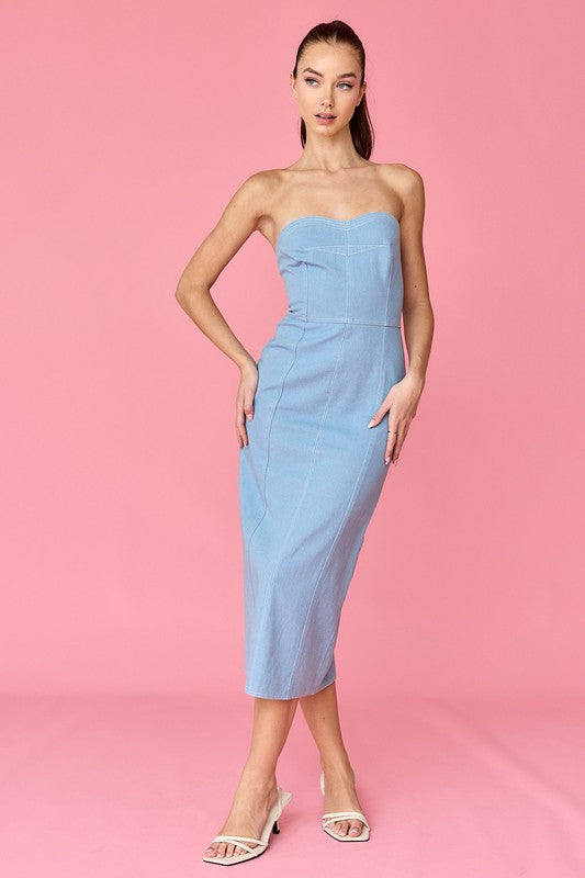 Mia Strapless Denim Midi Dress Blue from Papermoon exclusive at – Urbanheer