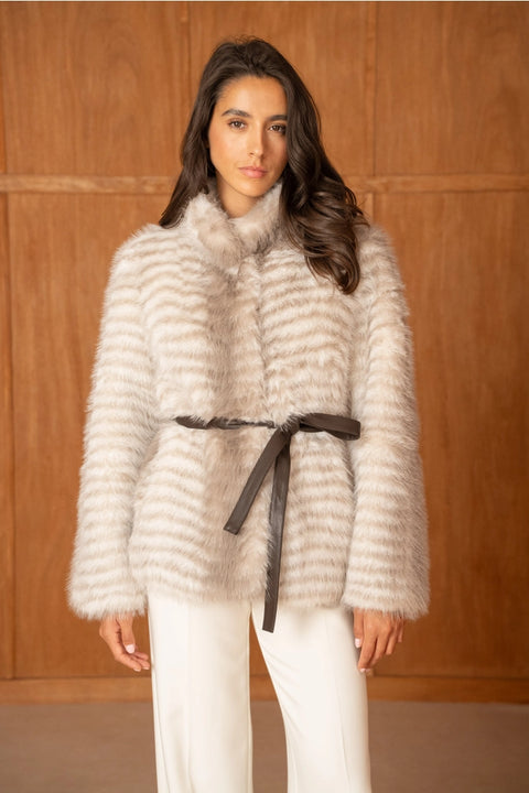 Mid-Length Belted Beige Tiger-Striped Faux Fur Jacket