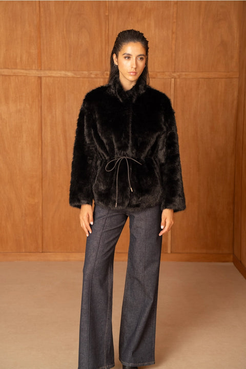 Mid-Length Belted Jacket with A High Faux-Fur Collar