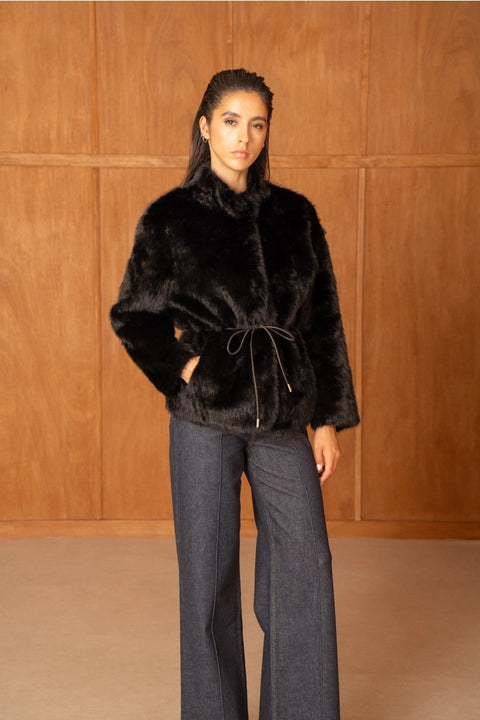 Mid-Length Belted Jacket with A High Faux-Fur Collar