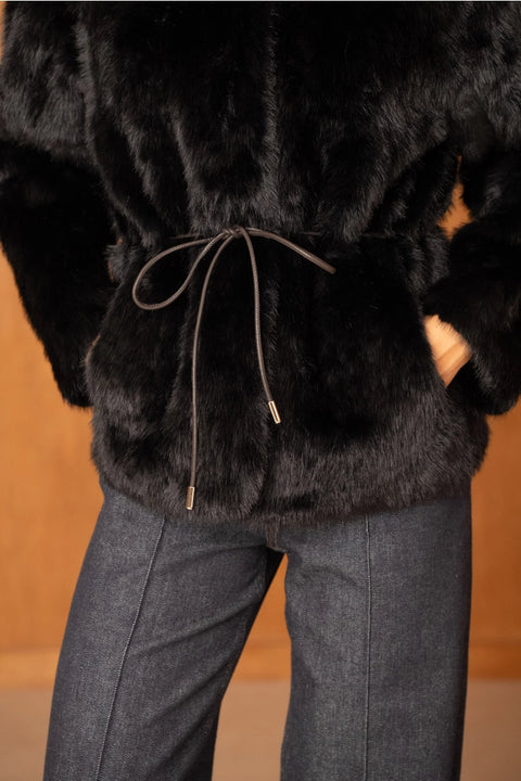 Mid-Length Belted Jacket with A High Faux-Fur Collar