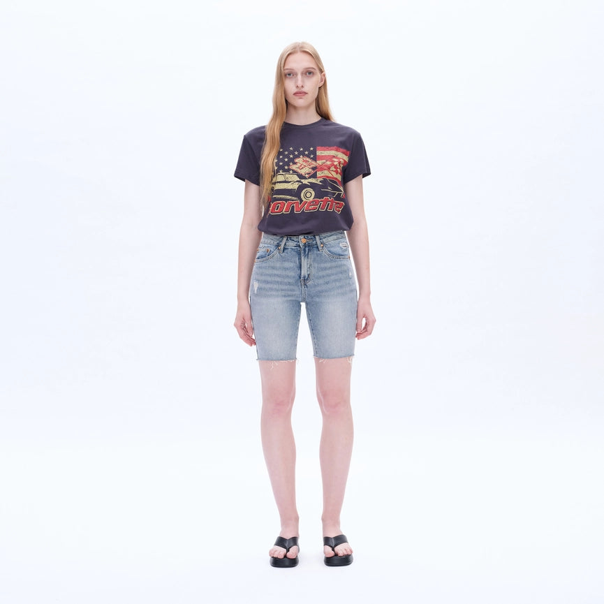 Mid Rise Bermuda Denim Shorts with Raw Hem-Bermuda Shorts-BAYEAS-24-VINTAGE BLUE-Urbanheer