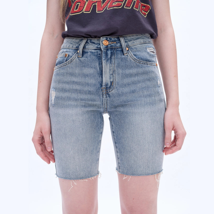 Mid Rise Bermuda Denim Shorts with Raw Hem-Bermuda Shorts-BAYEAS-24-VINTAGE BLUE-Urbanheer
