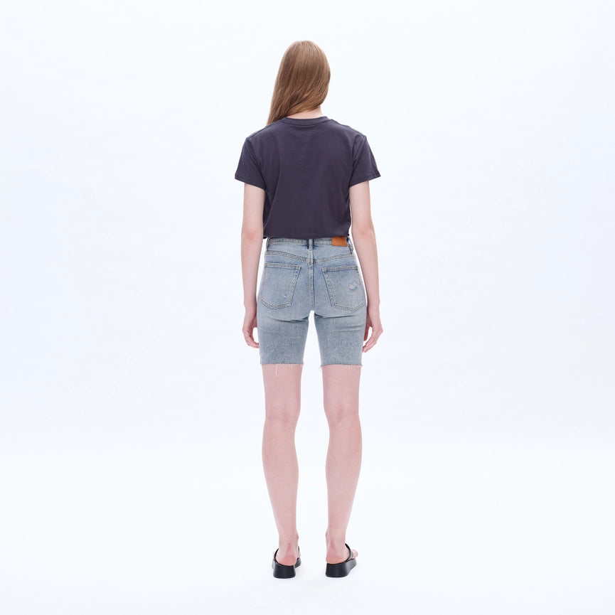Mid Rise Bermuda Denim Shorts with Raw Hem-Bermuda Shorts-BAYEAS-24-VINTAGE BLUE-Urbanheer