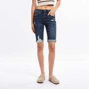 Mid Rise Bermuda Denim Shorts with Rolled Hem DARK WASH-Bermuda Shorts-BAYEAS-24-DARK WASH-Urbanheer