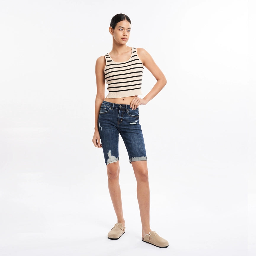 Mid Rise Bermuda Denim Shorts with Rolled Hem DARK WASH-Bermuda Shorts-BAYEAS-24-DARK WASH-Urbanheer