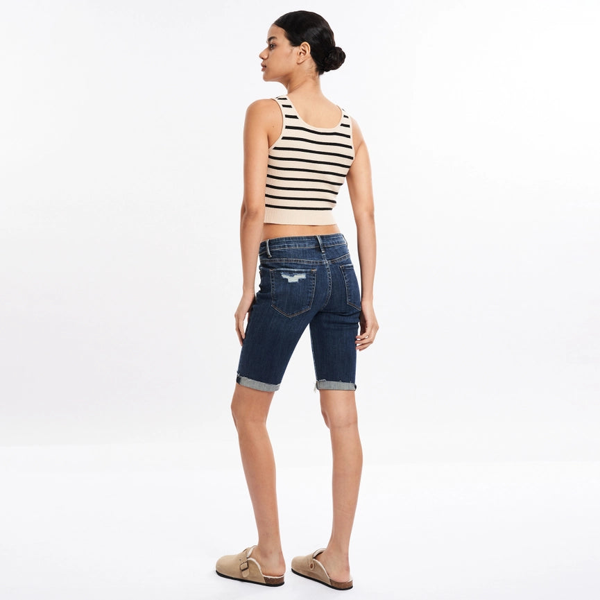 Mid Rise Bermuda Denim Shorts with Rolled Hem DARK WASH-Bermuda Shorts-BAYEAS-24-DARK WASH-Urbanheer