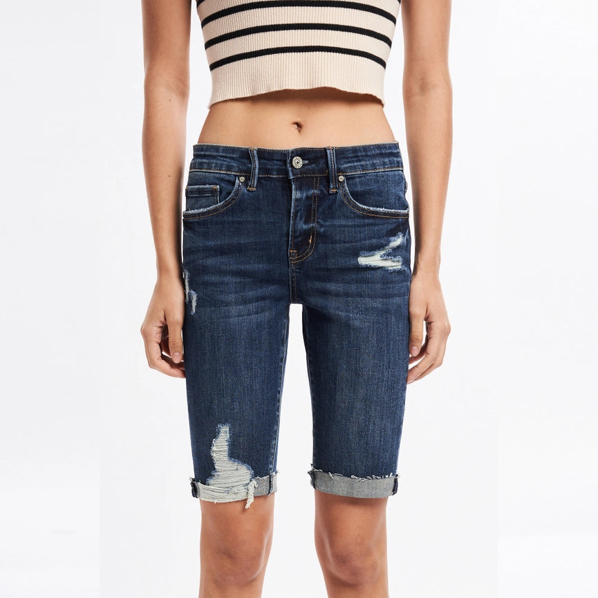 Mid Rise Bermuda Denim Shorts with Rolled Hem DARK WASH-Bermuda Shorts-BAYEAS-24-DARK WASH-Urbanheer