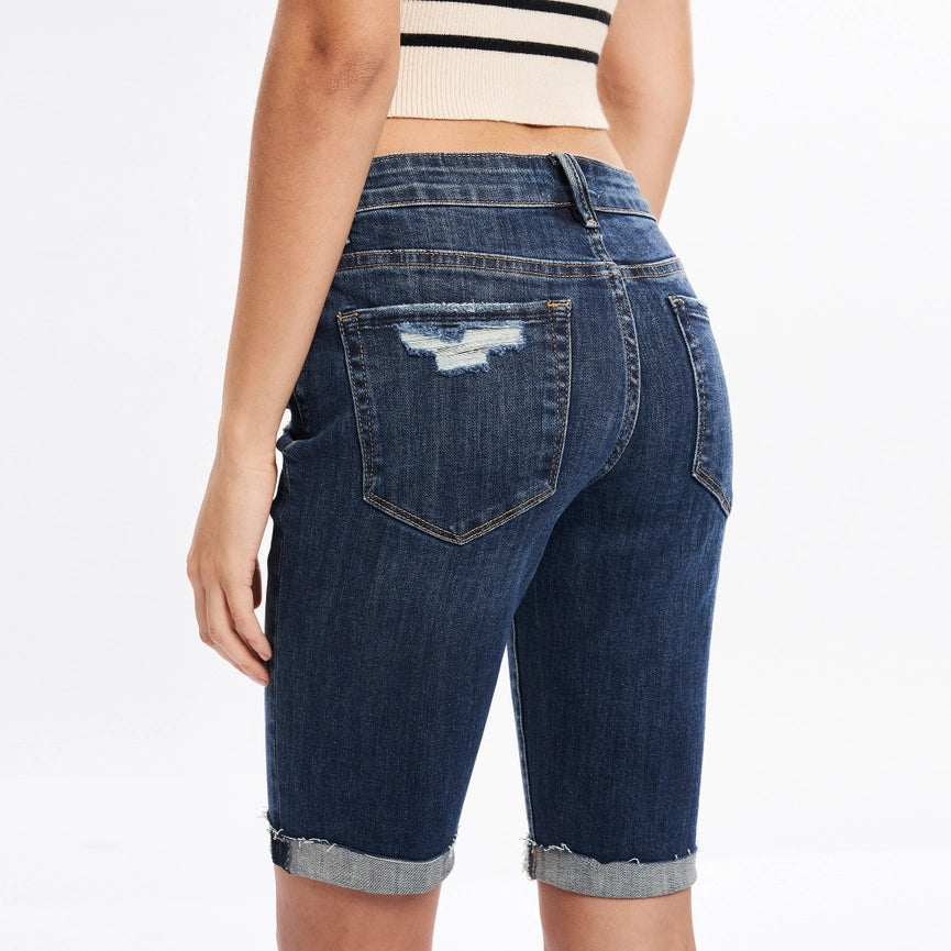 Mid Rise Bermuda Denim Shorts with Rolled Hem DARK WASH-Bermuda Shorts-BAYEAS-24-DARK WASH-Urbanheer