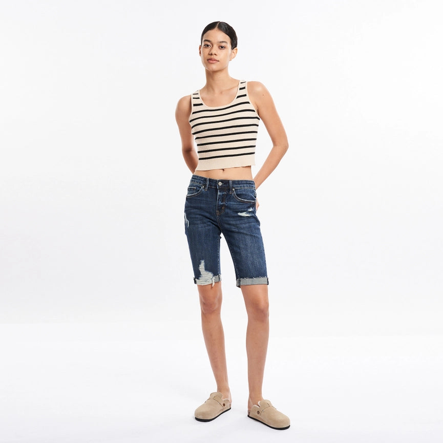 Mid Rise Bermuda Denim Shorts with Rolled Hem DARK WASH-Bermuda Shorts-BAYEAS-24-DARK WASH-Urbanheer