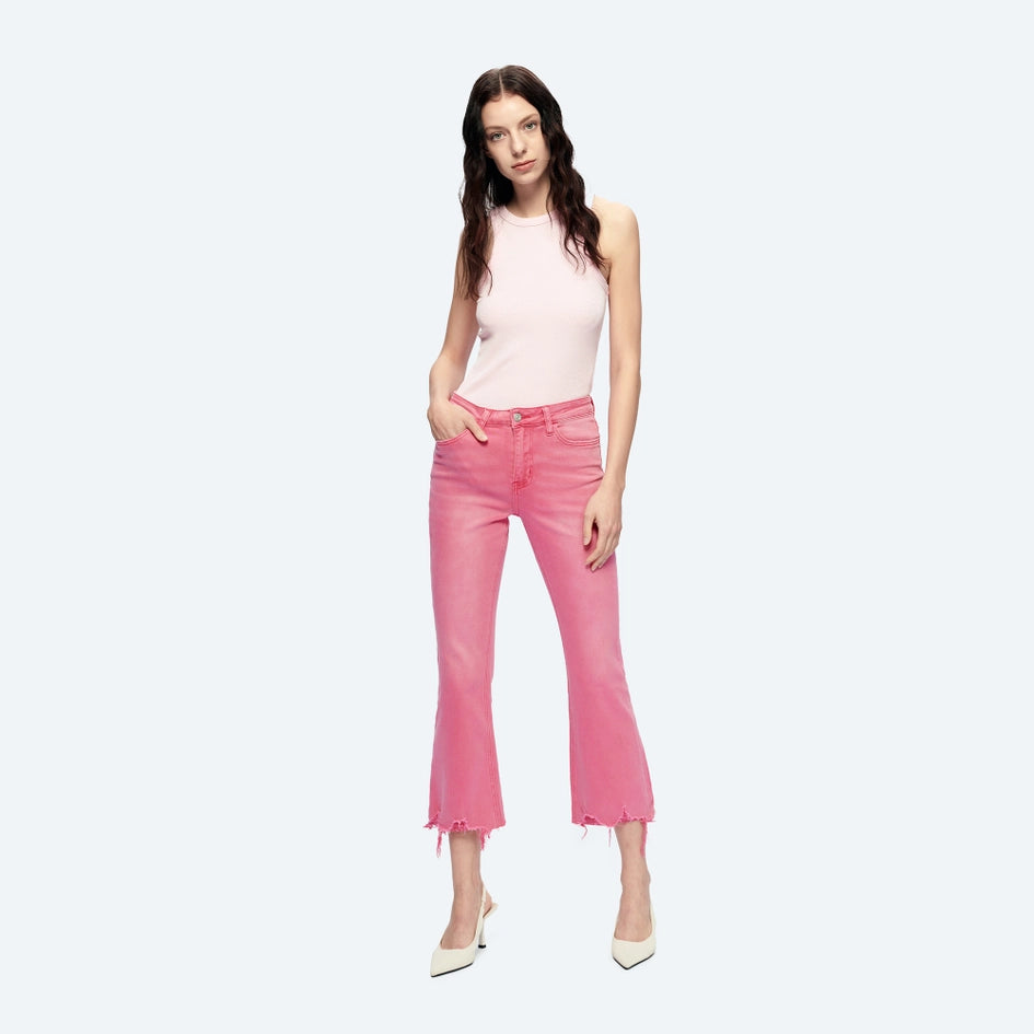 Mid Rise Crop Flare Twill Pants with Frayed Hem RAZ-Pants-BAYEAS-24-RAZ-Urbanheer