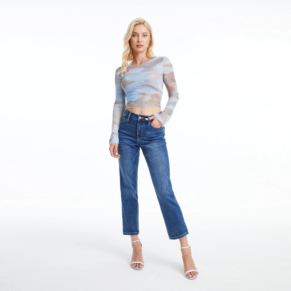 Mid Rise Crop Straight Jeans with Finished Hem DARK BLUE-Jeans-BAYEAS-14W-DARK BLUE-Urbanheer