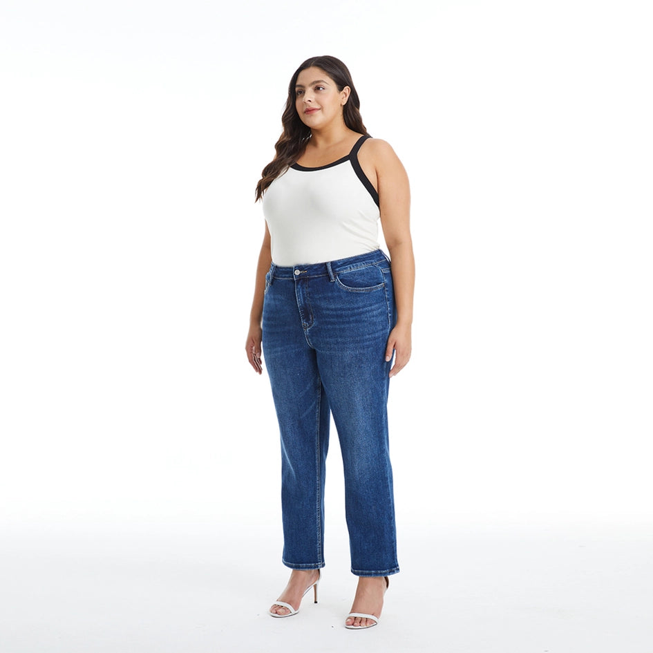Mid Rise Crop Straight Jeans with Finished Hem DARK BLUE-Jeans-BAYEAS-14W-DARK BLUE-Urbanheer