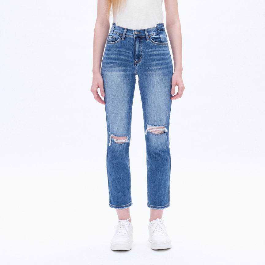 Mid Rise Crop Straight Jeans with Finished Hem MEDIUM BLUE-Jeans-BAYEAS-24-MEDIUM BLUE-Urbanheer