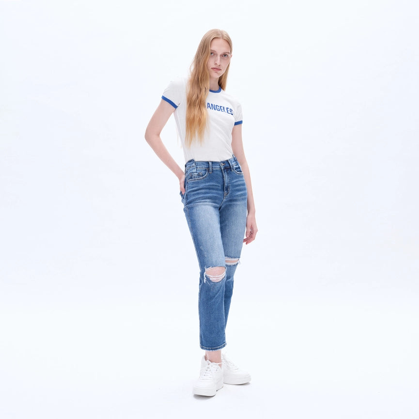 Mid Rise Crop Straight Jeans with Finished Hem MEDIUM BLUE-Jeans-BAYEAS-24-MEDIUM BLUE-Urbanheer