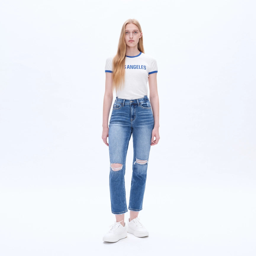 Mid Rise Crop Straight Jeans with Finished Hem MEDIUM BLUE-Jeans-BAYEAS-24-MEDIUM BLUE-Urbanheer