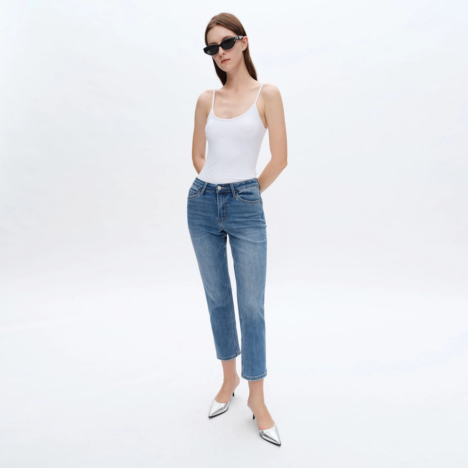 Mid Rise Crop Straight Jeans with Finished Hem MEDIUM BLUE-Jeans-BAYEAS-14W-MEDIUM BLUE-Urbanheer