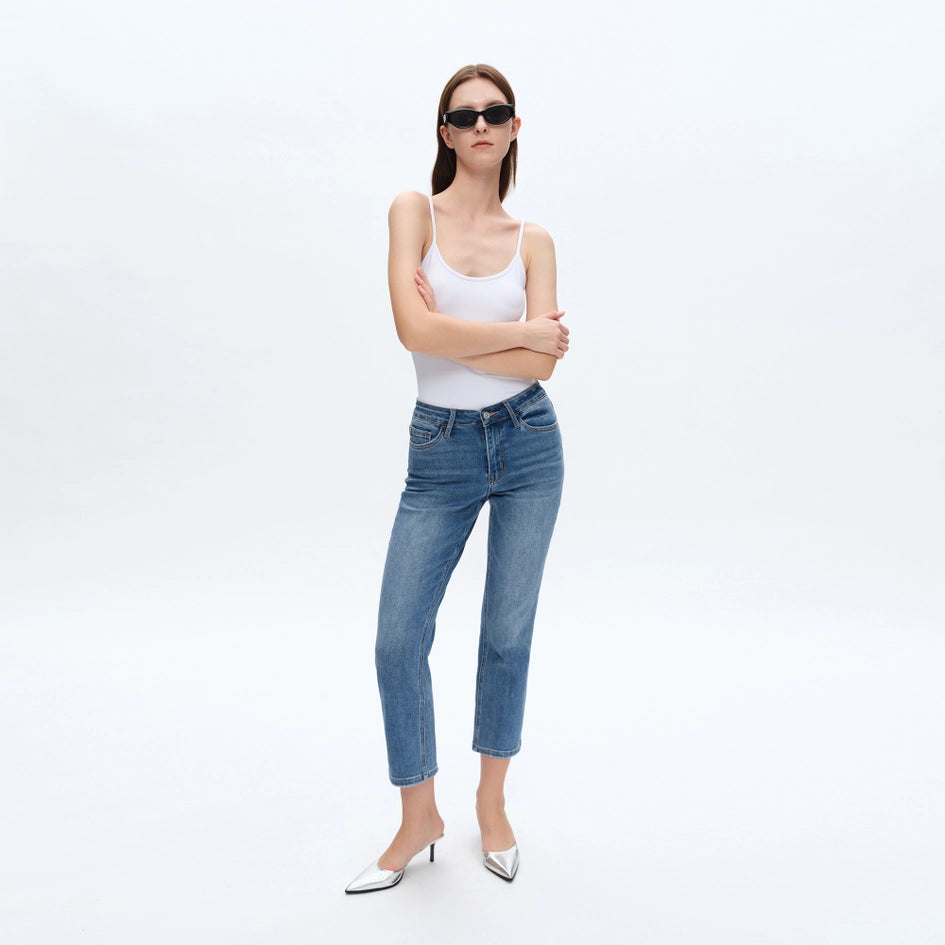 Mid Rise Crop Straight Jeans with Finished Hem MEDIUM BLUE-Jeans-BAYEAS-14W-MEDIUM BLUE-Urbanheer