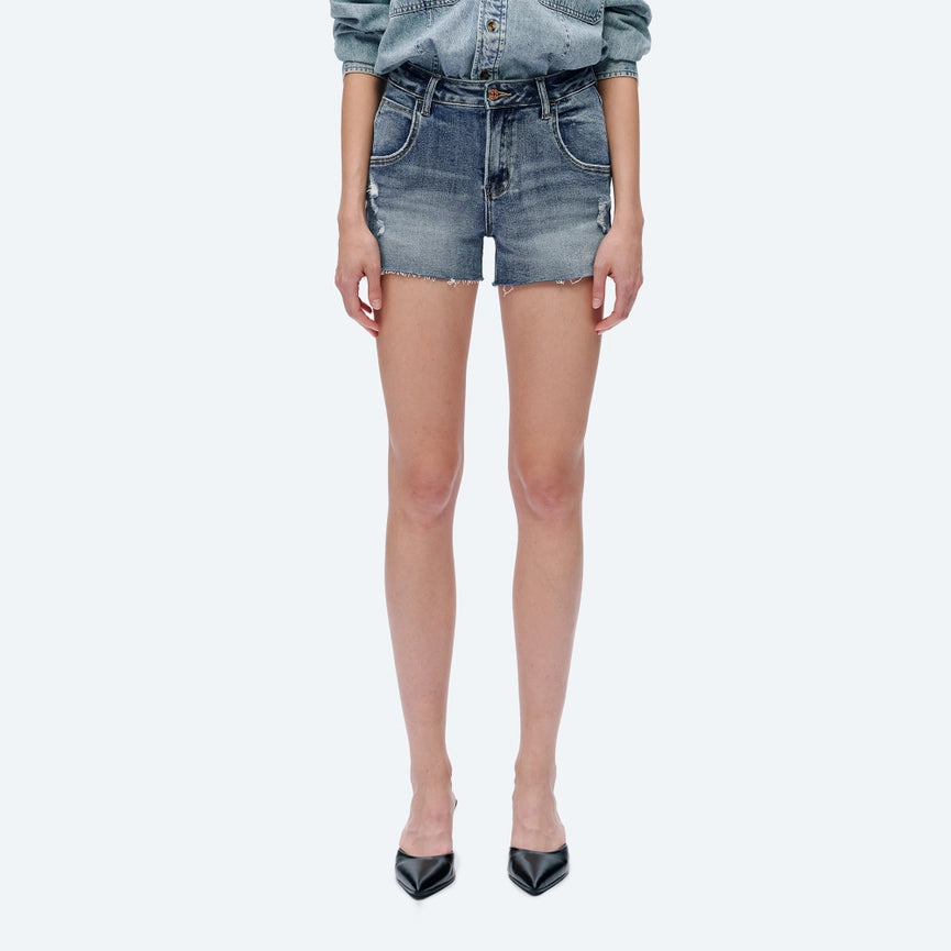 Mid Rise Denim Shorts with Raw Hem ROCK INDIGO-Shorts-BAYEAS-24-ROCK INDIGO-Urbanheer