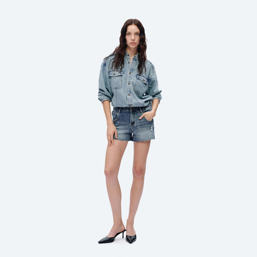 Mid Rise Denim Shorts with Raw Hem ROCK INDIGO-Shorts-BAYEAS-24-ROCK INDIGO-Urbanheer