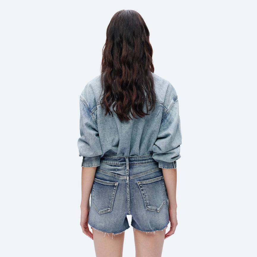 Mid Rise Denim Shorts with Raw Hem ROCK INDIGO-Shorts-BAYEAS-24-ROCK INDIGO-Urbanheer