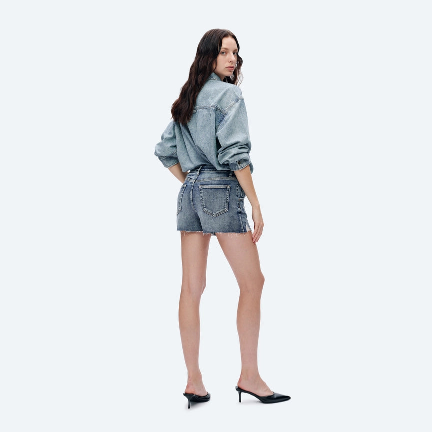 Mid Rise Denim Shorts with Raw Hem ROCK INDIGO-Shorts-BAYEAS-24-ROCK INDIGO-Urbanheer