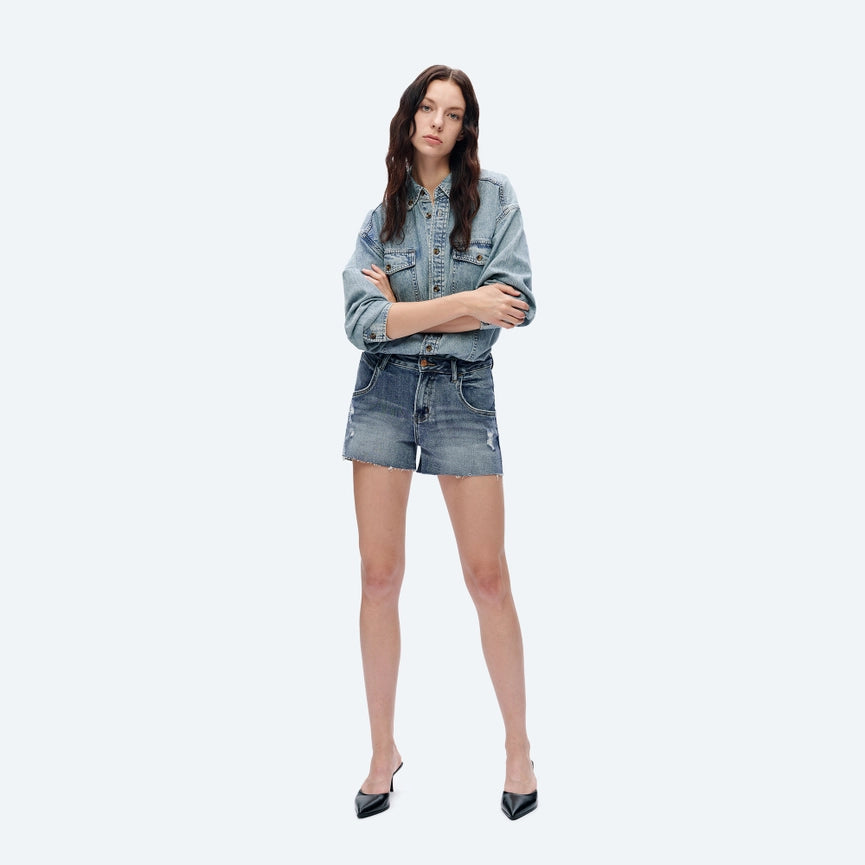 Mid Rise Denim Shorts with Raw Hem ROCK INDIGO-Shorts-BAYEAS-24-ROCK INDIGO-Urbanheer