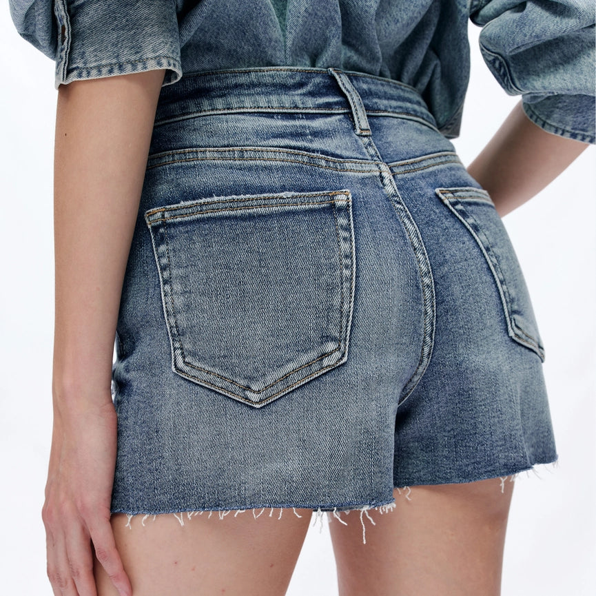 Mid Rise Denim Shorts with Raw Hem ROCK INDIGO-Shorts-BAYEAS-24-ROCK INDIGO-Urbanheer