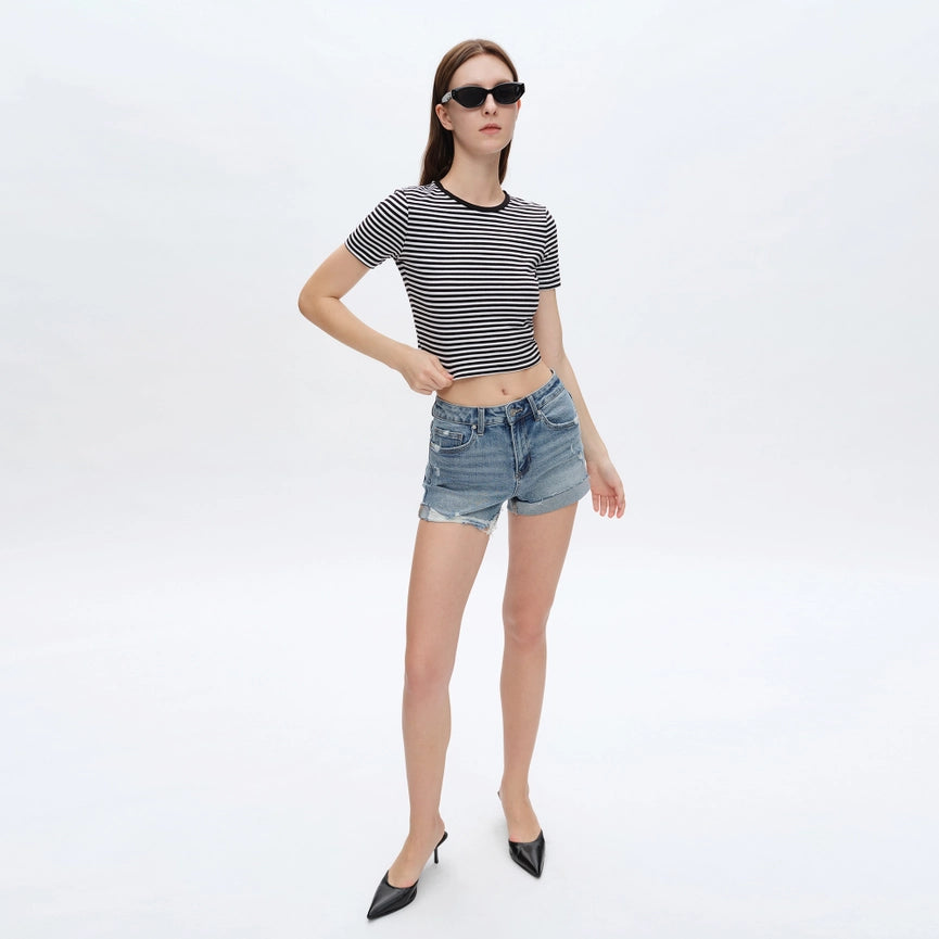 Mid Rise Denim Shorts with Rolled Hem SOUTHERN-Shorts-BAYEAS-XS-SOUTHERN-Urbanheer